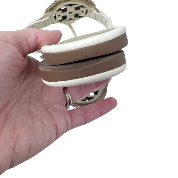 TORY BURCH Metallic Gold Cream Fringe Miller Logo Sandals Flip Flops Size 6.5 - Picture 12 of 12